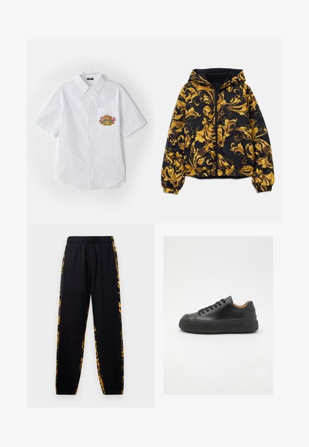 Fekete kapucnis dzseki arany díszített barokk virágmintákkal, elöl cipzárral, elasztikus mandzsettákkal és cipzáras oldalzsebekkel.; Fehér, rövid ujjú, galléros ing, amelyen színes hímzett minta található a bal oldali zseb felett.; Fekete jogger nadrág, elasztikus derékkal és mandzsettákkal, arany és fekete virágmintás oldalsó panelek díszítésével.; Fekete bőr sportcipő kerek orral, fűzős elejével, sima textúrájával, vastag gumitalpával és kontrasztos barnás belsejével.