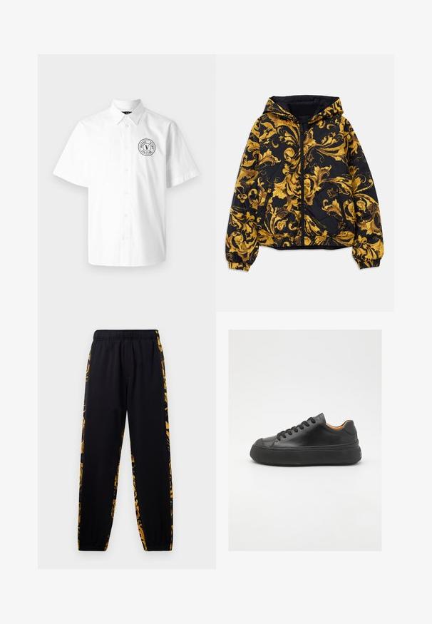 Juodas gobtuvu švarkas su auksiniais baroko stiliaus floristiniais raštais, priekinis užtrauktukas, elastingos rankogaliai ir užtrauktukų šoninės kišenės.; Balta trumpa rankovėmis marškiniai, pagaminti iš medvilnės, su užsegamu apykakle ir apskritu juodu logotipu kairėje krūtinės pusėje.; Juodos sportinės kelnės su elastingu juosmeniu ir rema, pasižyminčios aukso ir juodų gėlių rašo šoninėmis juostomis.; Juodos odinės sportinės bateliai su apvaliu pirštu, raištelių užsegimu, lygiu paviršiumi, storu guminio pado ir kontrastinga tan spalvos vidine puse.