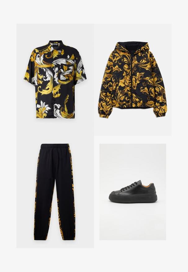 Zwarte hoodie met gouden, sierlijke barokke bloempatronen en een ritssluiting aan de voorkant, elastische manchetten en ritszakken aan de zijkant.; Zwart shirt met korte mouwen, versierd met een gedurfde gele en witte bloemenpatroon, voorzien van een kraag en een borstzak met knoopsluiting.; Zwarte joggerbroeken met een elastische tailleband en boorden, met gouden en zwarte bloemenpatronen aan de zijkanten.; Zwarte leren sneaker met een ronde neus, vetersluiting aan de voorkant, een gladde textuur, dikke rubberen zool en contrasterende tan interieur.