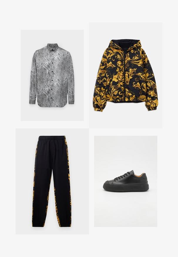 Giacca nera con cappuccio, decorata con ornati motivi floreali barocchi dorati, dotata di zip frontale, polsini elasticizzati e tasche laterali con zip.; Camicia a maniche lunghe con un design a stampa di serpente bianco e nero, stile abbottonato, e una texture di tessuto liscia con bottoni neri.; Pantaloni jogger neri con elastiche in vita e alle caviglie, caratterizzati da pannelli laterali a motivi floreali neri e dorati.; Sneaker in pelle nera con punta tonda, allacciatura frontale, superficie liscia, suola in gomma spessa e interno a contrasto color nocciola.