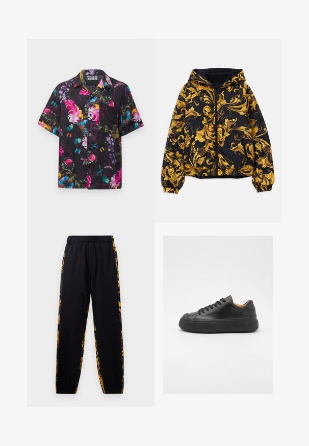 Giacca nera con cappuccio, decorata con ornati motivi floreali barocchi dorati, dotata di zip frontale, polsini elasticizzati e tasche laterali con zip.; Camicetta nera a maniche corte con bottoni, decorata con vivaci motivi floreali, farfalle e piume in rosa, blu, giallo e verde, dotata di taschino sul petto.; Pantaloni jogger neri con elastiche in vita e alle caviglie, caratterizzati da pannelli laterali a motivi floreali neri e dorati.; Sneaker in pelle nera con punta tonda, allacciatura frontale, superficie liscia, suola in gomma spessa e interno a contrasto color nocciola.
