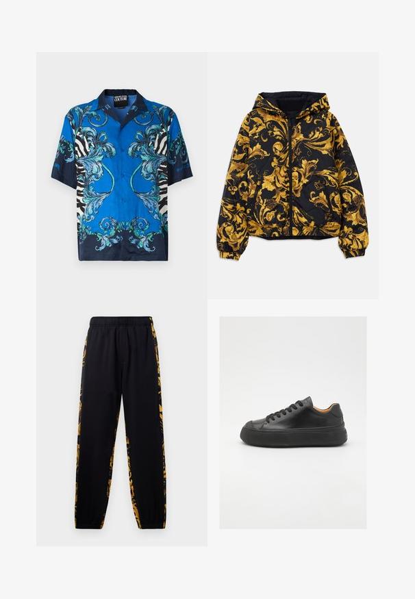 Chaqueta con capucha negra con patrones florales barrocos dorados ornamentales, cremallera frontal, puños elásticos y bolsillos laterales con cremallera.; Camisa de botones de manga corta con un patrón floral azul y rayas negras y blancas. Fabricada en tejido suave y con un corte relajado.; Pantalones de chándal negros con cintura y puños elásticos, que presentan paneles laterales con un patrón floral en dorado y negro.; Zapatilla de cuero negra con puntera redonda, cordones en la parte frontal, textura suave, suela de goma gruesa y un interior marrón claro que contrasta.