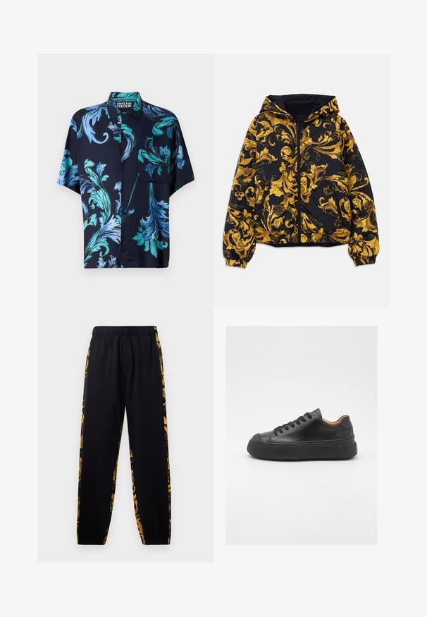 Czarna kurtka z kapturem ozdobiona złotymi, barokowymi kwiatowymi wzorami, z przednim zamek błyskawicznym, elastycznymi mankietami oraz zamykanymi na zamek błyskawiczny bocznymi kieszeniami.; Versace Jeans Couture - Koszula; Czarne spodnie dresowe z elastycznym pasem i mankietami, ozdobione złotymi i czarnymi kwiatowymi wzorami na bocznych panelach.; Czarne skórzane trampki z okrągłym noskiem, sznurowanym przodem, gładką teksturą, grubą gumową podeszwą i kontrastującym, tanowym wnętrzem.
