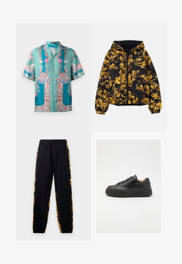 Černá kapucová bunda s nádhernými zlatými barokními květinovými vzory a předním zipem, elastickými manžetami a zipovými postranními kapsami.; Tyrkysová košile s krátkým rukávem, zdobená složitými vícebarevnými tisky s námořní tématikou, hedvábnou texturou a zapínáním na knoflíky.; Černé joggingové kalhoty s elastickým pasem a manžetami, zdobené zlatými a černými květinovými vzory po stranách.; Černé kožené tenisky s kulatou špičkou, šněrováním v přední části, hladkým povrchem, silnou gumovou podrážkou a kontrastním tan interiérem.