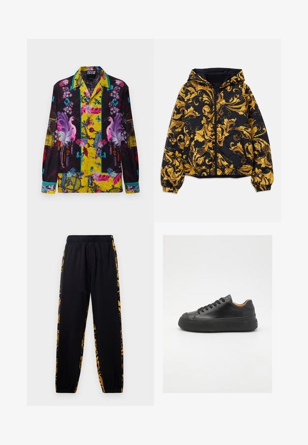 Črna kapuca jakna z zlatimi ornate baročnimi cvetličnimi vzorci in sprednjim zadrgo, elastičnimi manšeti in stranskimi žepe z zadrgo.; Srajca z dolgimi rokavi s pisanimi vzorci cvetja, ptic, metuljev in kletk v vijolični, rožnati, modri in rumeni barvi.; Črne trenirke z elastiko v pasu in ob robovih, ki imajo zlate in črne cvetlične vzorec na stranskih panelih.; Črne usnjene superge z okroglo konico, vezalnim sprednjim delom, gladko teksturo, debelim gumijastim podplatom in kontrastno rjavim notranjim delom.