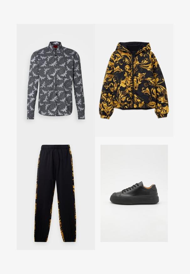 Giacca nera con cappuccio, decorata con ornati motivi floreali barocchi dorati, dotata di zip frontale, polsini elasticizzati e tasche laterali con zip.; Camicia button-up bianca e nera con righe verticali e un motivo simile a un uccello, dotata di colletto alla francese e maniche lunghe.; Pantaloni jogger neri con elastiche in vita e alle caviglie, caratterizzati da pannelli laterali a motivi floreali neri e dorati.; Sneaker in pelle nera con punta tonda, allacciatura frontale, superficie liscia, suola in gomma spessa e interno a contrasto color nocciola.
