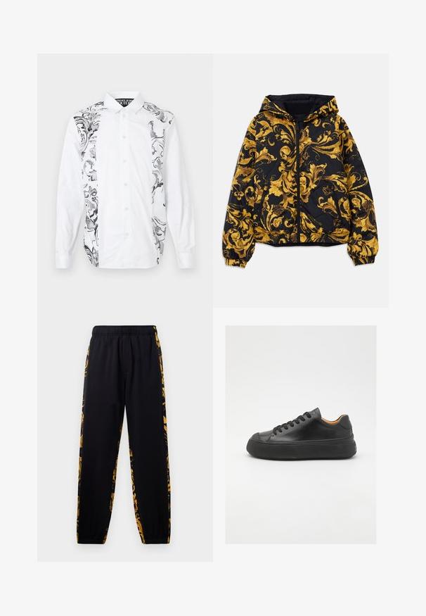 Fekete kapucnis dzseki arany díszített barokk virágmintákkal, elöl cipzárral, elasztikus mandzsettákkal és cipzáras oldalzsebekkel.; Fehér gombos ing, amely az egyik oldalán bonyolult fekete és szürke virágmintákkal díszített, sima anyagból készült, hosszú ujjakkal.; Fekete jogger nadrág, elasztikus derékkal és mandzsettákkal, arany és fekete virágmintás oldalsó panelek díszítésével.; Fekete bőr sportcipő kerek orral, fűzős elejével, sima textúrájával, vastag gumitalpával és kontrasztos barnás belsejével.