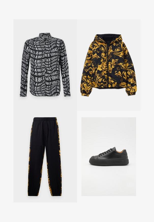 Fekete kapucnis dzseki arany díszített barokk virágmintákkal, elöl cipzárral, elasztikus mandzsettákkal és cipzáras oldalzsebekkel.; Fekete ing, amelyen ismétlődő fehér szövegminta található a "VERSACE" és "JEANS" felirattal, hosszú ujjú, és normál gallérral rendelkezik. Sima szövettextúra.; Fekete jogger nadrág, elasztikus derékkal és mandzsettákkal, arany és fekete virágmintás oldalsó panelek díszítésével.; Fekete bőr sportcipő kerek orral, fűzős elejével, sima textúrájával, vastag gumitalpával és kontrasztos barnás belsejével.