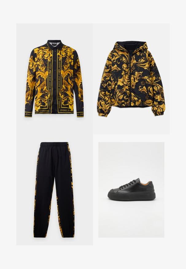 Fekete kapucnis dzseki arany díszített barokk virágmintákkal, elöl cipzárral, elasztikus mandzsettákkal és cipzáras oldalzsebekkel.; Hosszú ujjú ing, fekete alapon arany díszes mintázattal és szöveggel. Sima anyagból készült, klasszikus gallérral és gombos zárással.; Fekete jogger nadrág, elasztikus derékkal és mandzsettákkal, arany és fekete virágmintás oldalsó panelek díszítésével.; Fekete bőr sportcipő kerek orral, fűzős elejével, sima textúrájával, vastag gumitalpával és kontrasztos barnás belsejével.