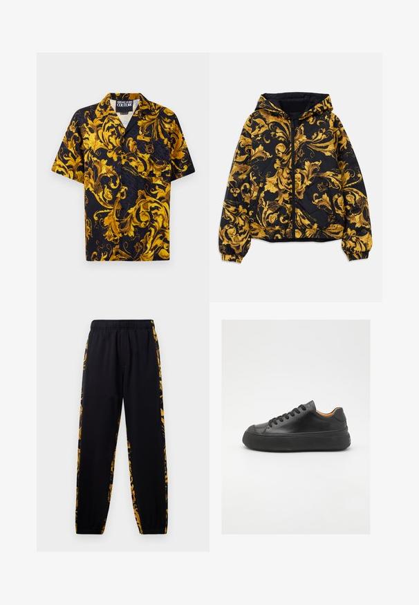 Črna kapuca jakna z zlatimi ornate baročnimi cvetličnimi vzorci in sprednjim zadrgo, elastičnimi manšeti in stranskimi žepe z zadrgo.; Črna kratka majica s kratkimi rokavi z gumbi, okrašena z rumenimi in zlatimi baročnimi cvetličnimi vzorci ter sprednjim žepom, označena z Versace Jeans Couture znotraj ovratnika.; Črne trenirke z elastiko v pasu in ob robovih, ki imajo zlate in črne cvetlične vzorec na stranskih panelih.; Črne usnjene superge z okroglo konico, vezalnim sprednjim delom, gladko teksturo, debelim gumijastim podplatom in kontrastno rjavim notranjim delom.