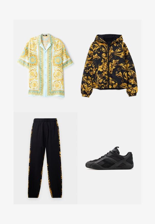 Melns kapucēts mētis ar zeltainiem izsmalcinātiem baroka florāliem rakstiem, priekšējo rāvējslēdzēju, elastīgām aprocēm un rāvējslēdzēja sānu kabatām.; Gaiši zils īsais piedurkņu krekls ar greznām zelta baroka rakstiem, pogu aizdare priekšā un brīvs piegriezums. Gluda auduma ar spīdīgu tekstūru.; Melnas sporta bikses ar elastīgu jostu un aizdari, ar zelta un melnu ziedu raksta sānu paneļiem.; Melni sporta apavi ar gludu un teksturētu materiālu maisījumu, ar izteiktu dizainu, veidotu zoli un izteiktām zīmola detaļām.