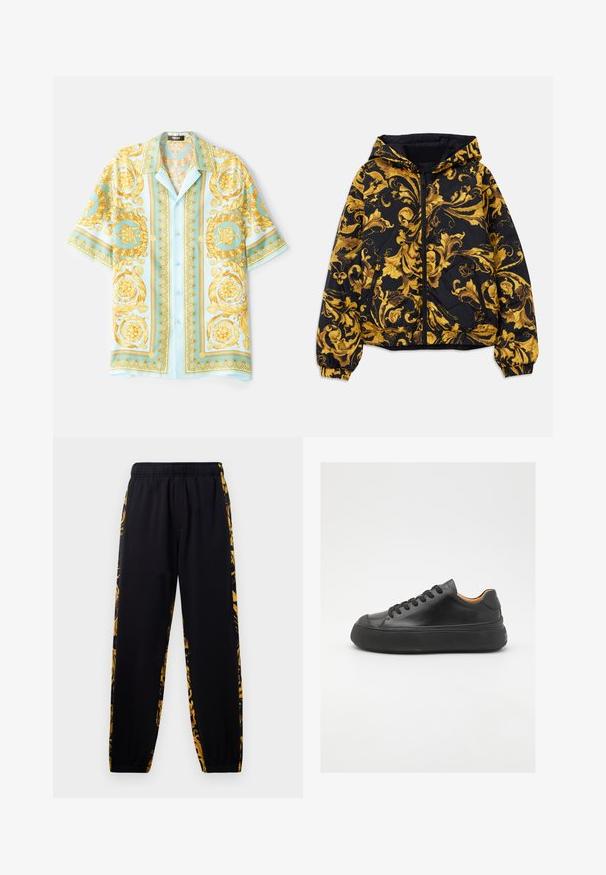 Black hooded jacket with golden ornate baroque floral patterns and front zipper, elastic cuffs, and zippered side pockets.; Light blue short-sleeve shirt featuring ornate gold baroque patterns, button front, and a relaxed fit. Smooth fabric with a glossy texture.; Black jogger pants with elastic waistband and cuffs, featuring gold and black floral patterned side panels.; Black leather sneaker with a round toe, lace-up front, smooth texture, thick rubber sole, and contrasting tan interior.