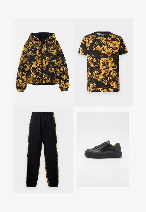 Črna kapuca jakna z zlatimi ornate baročnimi cvetličnimi vzorci in sprednjim zadrgo, elastičnimi manšeti in stranskimi žepe z zadrgo.; Črna majica s kratkimi rokavi in okroglim izrezom, okrašena z živahnim zlatim baročnim vzorcem. Narejena iz bombaža, z blagovno znamko na robu.; Črne trenirke z elastiko v pasu in ob robovih, ki imajo zlate in črne cvetlične vzorec na stranskih panelih.; Črne usnjene superge z okroglo konico, vezalnim sprednjim delom, gladko teksturo, debelim gumijastim podplatom in kontrastno rjavim notranjim delom.