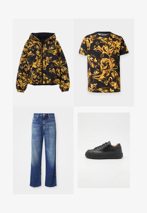 Jachetă neagră cu glugă, decorată cu modele florale baroc ornate în nuanțe de aur, dotată cu fermoar frontal, manșete elastice și buzunare laterale cu fermoar.; Tricou negru cu un model baroc auriu vibrant, mâneci scurte și guler rotund. Fabricat din bumbac, cu logo-ul mărcii la tiv.; Jeans din denim albastru cu talie înaltă și picioare drepte, cu detalii de decolorare ușoară și închidere cu nasture auriu, expuse pe un fundal alb.; Tenis de piele neagră cu vârf rotund, cu șireturi pe față, textură netedă, talpă groasă din cauciuc și interior contrastant de culoare bej.