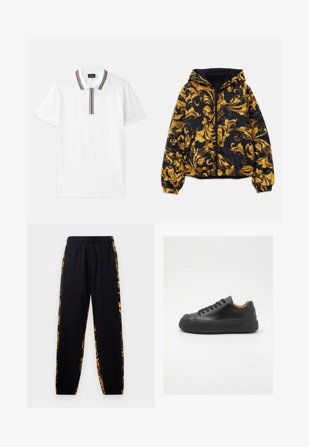 Must aga kapuutsiga must jakk, millel on kuldsed baroki lillemustrid, esikinnitus, elastsed mansetid ja lukuga küljetaskud.; Valge polo särk, millel on tõmblukuga krae, punaste, siniste ja pruunide triipudega, lühikeste varrukatega ning sileda puuvillase tekstuuriga.; Mustad jooksupüksid elastse vöökoha ja soonikkudega, millel on kuldne ja must lilleline muster külgedel.; Mustmust mustarist king kätšiga, ümar varvas, nöörimisega esiosa, sile tekstuur, paks kummist tall ja kontrastne pruun sisemus.