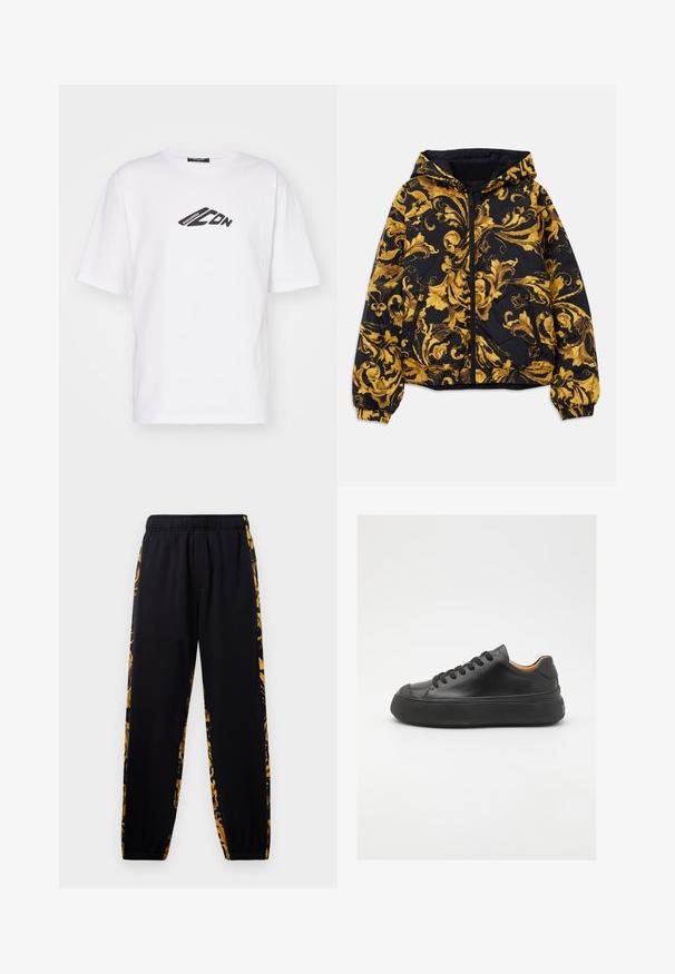 Black hooded jacket with golden ornate baroque floral patterns and front zipper, elastic cuffs, and zippered side pockets.; White cotton t-shirt featuring a black graphic logo on the chest. Short sleeves, crew neckline, and a relaxed fit.; Black jogger pants with elastic waistband and cuffs, featuring gold and black floral patterned side panels.; Black leather sneaker with a round toe, lace-up front, smooth texture, thick rubber sole, and contrasting tan interior.