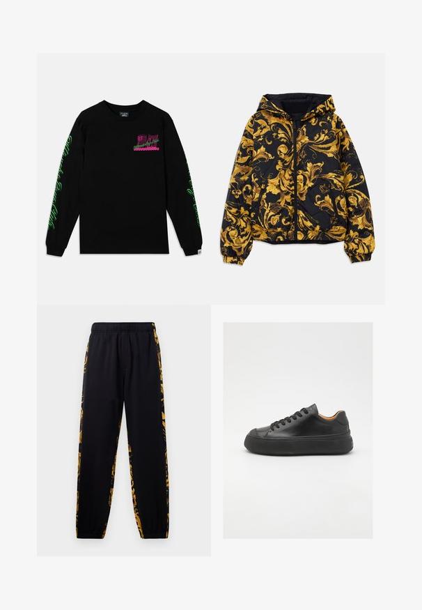 Melns kapucēts mētis ar zeltainiem izsmalcinātiem baroka florāliem rakstiem, priekšējo rāvējslēdzēju, elastīgām aprocēm un rāvējslēdzēja sānu kabatām.; Melnā garām piedurknēm t-kreklā no kokvilnas ar rozā un zaļām grafikām uz krūtīm un piedurknēm. Vienkāršs apļa kakla dizains un ribotas piedurknes.; Melnas sporta bikses ar elastīgu jostu un aizdari, ar zelta un melnu ziedu raksta sānu paneļiem.; Melna ādas sporta kurpe ar apaļu purngalu, ar auklēm priekšā, gluda tekstūra, bieza gumijas zole un kontrastējošs brūns iekšpuses materiāls.