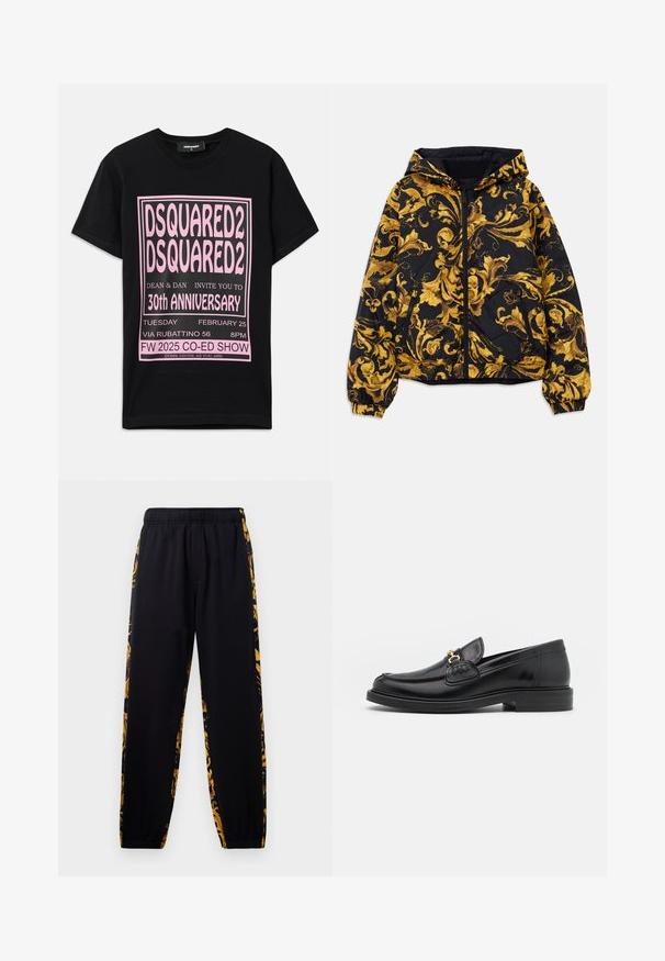 Sort hættejakke med gyldne, pragtfulde barok blomster mønstre, frontlynlås, elastiske manchetter og lynlåslommer på siden.; Sort bomulds t-shirt med stort pink grafisk tekst. Designet inkluderer begivenhedsdetaljer i forskellige skriftstørrelser og yderligere information nederst.; Sort joggingbukser med elastisk talje og manchetter, med guld- og sort blomsterdesign langs siderne.; Sorte læder loafers med en rund tå, der har guld hardware accent og syningsdetaljer, placeret på en lav, tekstureret gummisål.