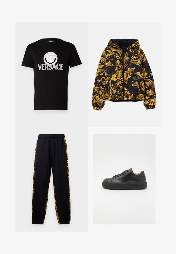 Melns kapucēts mētis ar zeltainiem izsmalcinātiem baroka florāliem rakstiem, priekšējo rāvējslēdzēju, elastīgām aprocēm un rāvējslēdzēja sānu kabatām.; Melna kokvilnas T-krekls ar baltu Medūzas grafiku un vārdu "VERSACE" treknrakstā pāri krūtīm. Apaļa apkakles dizains.; Melnas sporta bikses ar elastīgu jostu un aizdari, ar zelta un melnu ziedu raksta sānu paneļiem.; Melna ādas sporta kurpe ar apaļu purngalu, ar auklēm priekšā, gluda tekstūra, bieza gumijas zole un kontrastējošs brūns iekšpuses materiāls.