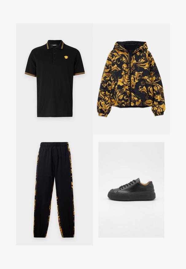 Sort hættejakke med gyldne, pragtfulde barok blomster mønstre, frontlynlås, elastiske manchetter og lynlåslommer på siden.; Sort polo shirt lavet af bomuld, med en gul stribet krave og manchetter, samt et gult broderet logo på brystet. Tre-knaps lukning.; Sort joggingbukser med elastisk talje og manchetter, med guld- og sort blomsterdesign langs siderne.; Sort lædersneaker med rund tå, snørebånd foran, glat overflade, tyk gummisål og kontrasterende tan inderside.