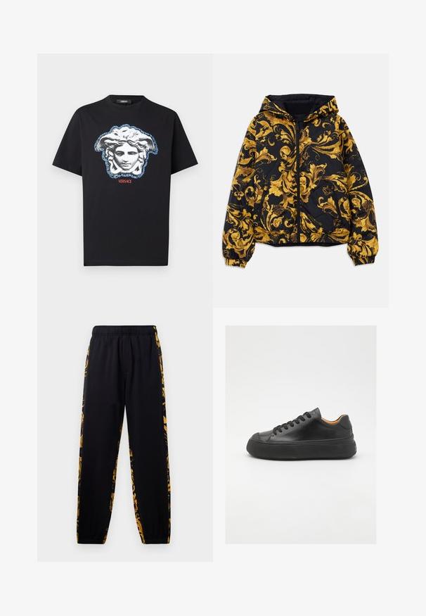 Černá kapucová bunda s nádhernými zlatými barokními květinovými vzory a předním zipem, elastickými manžetami a zipovými postranními kapsami.; Černé bavlněné tričko s výrazným motivem hlavy Medúzy v šedé a modré barvě s řeckým klíčovým vzorem a nápisem „VERSACE“ červeně.; Černé joggingové kalhoty s elastickým pasem a manžetami, zdobené zlatými a černými květinovými vzory po stranách.; Černé kožené tenisky s kulatou špičkou, šněrováním v přední části, hladkým povrchem, silnou gumovou podrážkou a kontrastním tan interiérem.