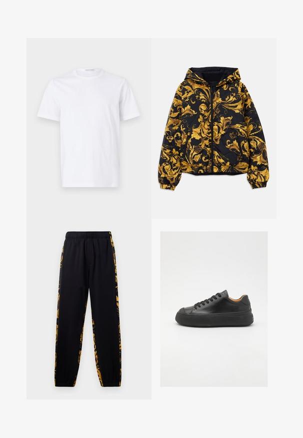 Črna kapuca jakna z zlatimi ornate baročnimi cvetličnimi vzorci in sprednjim zadrgo, elastičnimi manšeti in stranskimi žepe z zadrgo.; Bela bombažna majica s krožnim izrezom in kratkimi rokavi. Gladka tekstura, ravna zasnova in minimalističen dizajn brez vzorcev ali poudarkov.; Črne trenirke z elastiko v pasu in ob robovih, ki imajo zlate in črne cvetlične vzorec na stranskih panelih.; Črne usnjene superge z okroglo konico, vezalnim sprednjim delom, gladko teksturo, debelim gumijastim podplatom in kontrastno rjavim notranjim delom.