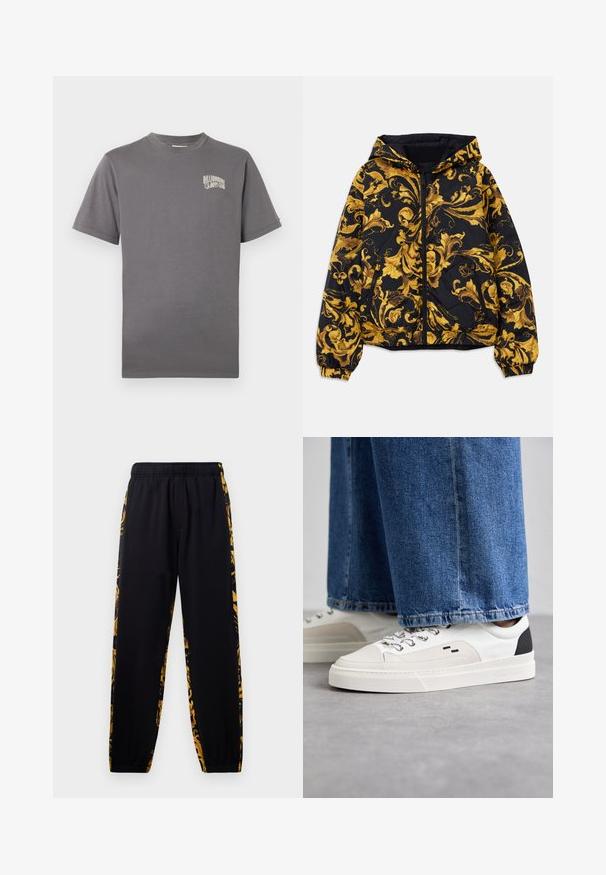 Μαύρο φούτερ μπουφάν με χρυσά περίτεχνα μπαρόκ λουλουδάτα μοτίβα και μπροστινό φερμουάρ, ελαστικές μανσέτες και φερμουάρ στις πλαϊνές τσέπες.; Γκρίζο βαμβακερό T-shirt με κοντά μανίκια, με μικρό μπέζ λογότυπο κειμένου στην αριστερή περιοχή του στήθους. Στρογγυλή λαιμόκοψη, χαλαρή εφαρμογή.; Μαύρο αθλητικό παντελόνι με ελαστική ζώνη και μανσέτες, με χρυσά και μαύρα λουλουδάτα σχέδια στις πλευρές.; Λευκά και μαύρα sneakers με λείο δερματικό επάνω μέρος, υφασμάτινες λεπτομέρειες και χοντρή λευκή σόλα. Διαθέτουν κλασικό σχέδιο με κορδόνια.