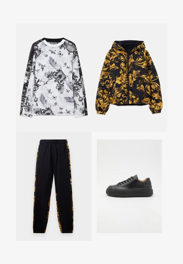 Svart huva jacka med gyllene utsmyckade barockblommönster och framdragkedja, elastiska ärmslut och dragkedjeförsedda sidofickor.; En vit långärmad skjorta med svarta ärmar, dekorerad med mönster i gråskala av fjädrar, fåglar, fjärilar, kronor och blomslingor.; Svarta joggerbyxor med elastisk midja och muddar, med sidopaneler i guld- och svartmönstrad blommönster.; Svarta lädersneakers med rund tå, snörning framtill, slät yta, tjock gummisula och kontrasterande tan-färgad insida.