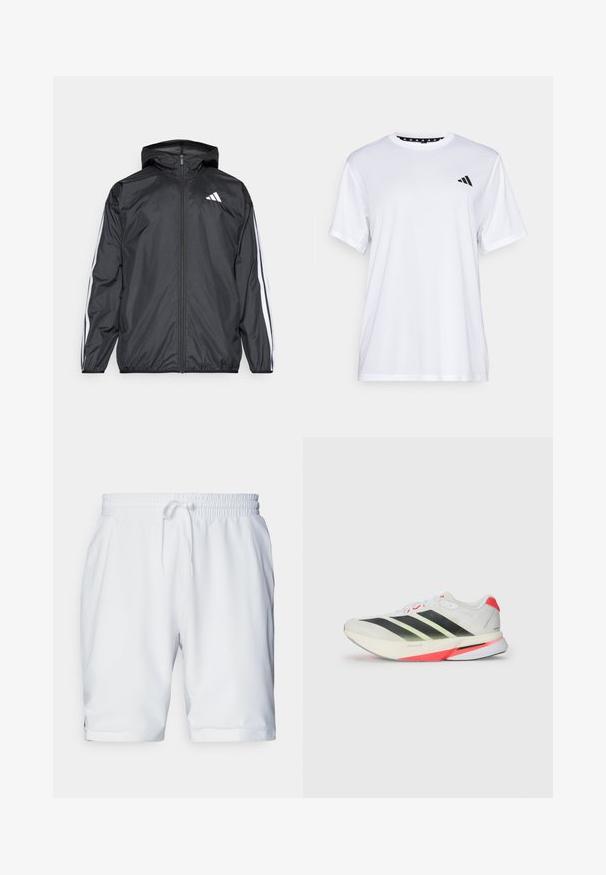 Mustakainen tuulitakki, jossa on huppu, valmistettu sileästä ja kevyestä materiaalista. Tässä takissa on valkoiset raidat hihoissa ja logo rinnassa.; Valkoinen urheilupaita lyhyillä hihoilla, valmistettu kosteutta siirtävästä kankaasta. Vasemmassa rinnassa on musta logo ja kauluksen sisäpuolella on kuvio.; Valkoiset urheilushortsit, joissa on joustava vyötärö ja säädettävä nauha. Liukas kangas, jossa on hienovarainen rakenne, ja sivutaskut.; Valkoiset urheilukengät, joissa on mustat ja neonvihreät raidat, teksturoitu päällinen, punaiset yksityiskohdat kantapäässä ja kevyet pohjat.