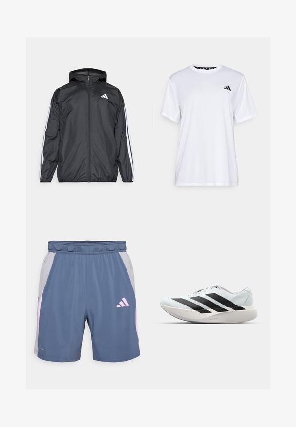 Veste coupe-vent noire avec capuche, en matériau lisse et léger. Présente des rayures blanches le long des manches et un logo sur la poitrine.; T-shirt de sport blanc à manches courtes, fabriqué en tissu évacuant l'humidité. Présente un logo noir sur la poitrine gauche et un col intérieur à motifs.; Shorts de sport bleus avec des panneaux latéraux gris, accents roses, taille élastique et poches zippées. Fabriqués dans un matériau léger et respirant.; Baskets de course légères en bleu pâle avec des rayures noires. Elles présentent un dessus lisse, un embout rond et une semelle intermédiaire blanche épaisse étiquetée "LIGHTSTRIKE PRO".