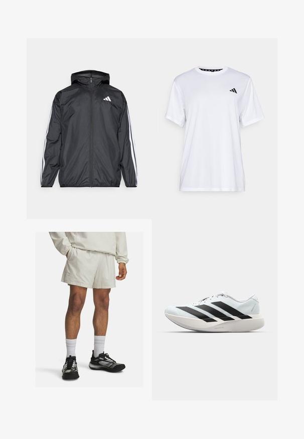 Čierna vetrovka s kapucňou, vyrobená z hladkého, ľahkého materiálu. Má biele pruhy pozdĺž rukávov a logo na hrudi.; Biely športový tričko s krátkymi rukávmi, vyrobené z materiálu, ktorý odvádza vlhkosť. Má čierne logo na ľavej hrudi a vzorovaný vnútorný golier.; béžové športové šortky s elastickým pásom a bočnými vreckami, kombinované s čiernymi a sivými športovými topánkami a bielymi ponožkami po členky.; Ľahké bežecké topánky v svetlomodrej farbe s čiernymi pruhmi. Majú hladký zvršok, okrúle špičky a hrubú bielu medzipodrážku označenú "LIGHTSTRIKE PRO."