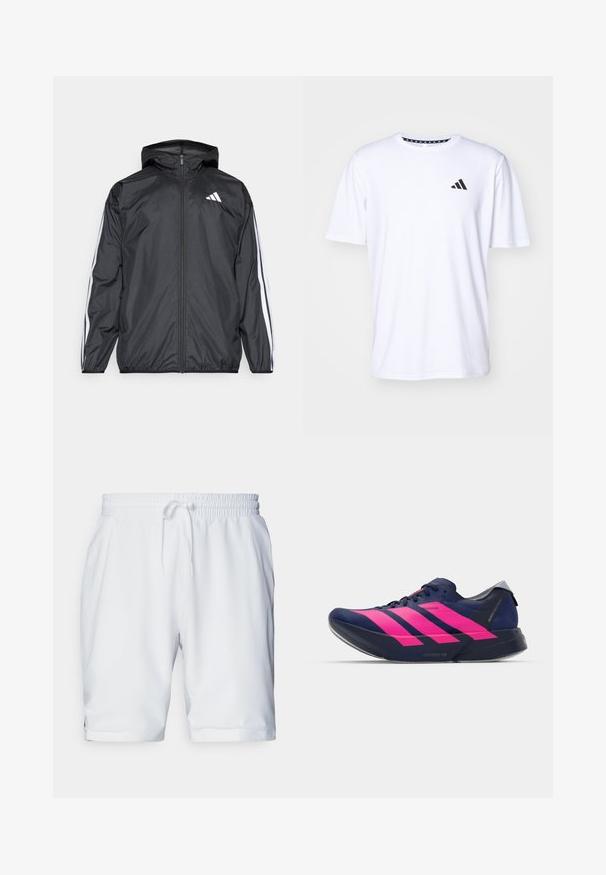 Must hele musta tuulejope, millel on kapuuts ja mis on valmistatud siledast, kergest materjalist. Omab valgeid triipasid varrukatel ja logo rinnal.; Valge lühikeste varrukatega T-särk, mis on valmistatud sileda tekstuuriga kangast. Vasakul rinnal on must adidas logo ja mustriline krae.; Valged sportlikud lühikesed püksid elastse vöökohaga ja reguleeritava paelaga. Sile kangas, millel on peen struktuur, ja küljetaskud.; adidas Performance ADIZERO ADIOS PRO 4 - Maanteejooksu jalatsid - dark blue/shock pink/dash grey