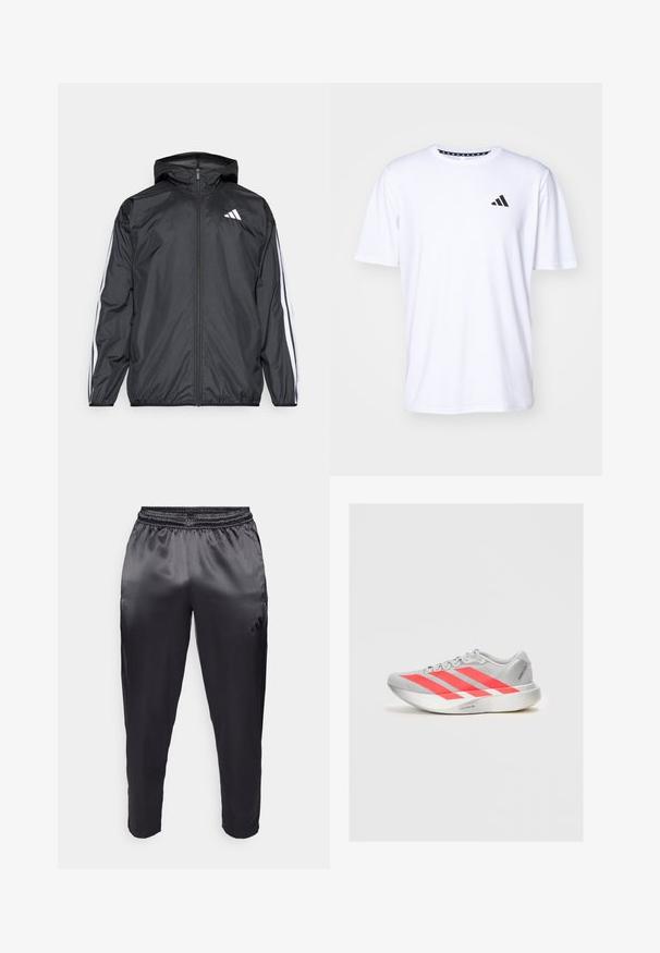 Giacca a vento nera con cappuccio, realizzata in materiale liscio e leggero. Presenta strisce bianche lungo le maniche e un logo sul petto.; Maglietta bianca a maniche corte realizzata in tessuto con una trama liscia. Presenta un logo adidas nero sul lato sinistro del petto e un colletto con motivo.; Pantaloni sportivi neri realizzati in un tessuto leggero e liscio con una vita elastica. Presentano un piccolo logo sul lato sinistro e gambe affusolate.; Scarpa da corsa leggera grigia con accenti rossi e design a tre strisce. Presenta una tomaia liscia, punta arrotondata e suola texturizzata.