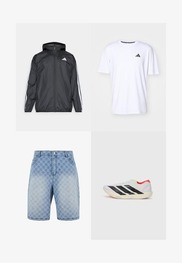 Must hele musta tuulejope, millel on kapuuts ja mis on valmistatud siledast, kergest materjalist. Omab valgeid triipasid varrukatel ja logo rinnal.; Valge lühikeste varrukatega T-särk, mis on valmistatud sileda tekstuuriga kangast. Vasakul rinnal on must adidas logo ja mustriline krae.; Heledad sinine denimpüksid, millel on tekstureeritud muster, mis koosneb kattuvatest ringidest. Omab viit taskut ja klassikalist nupu- ja tõmbluku sulgemist.; Valge jooksuking mustade triipudega, ere roheline aksessuaar ja punane konts. Omab kerget disaini ja tekstureeritud talla, mis tagab haarde.