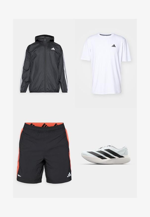 Must hele musta tuulejope, millel on kapuuts ja mis on valmistatud siledast, kergest materjalist. Omab valgeid triipasid varrukatel ja logo rinnal.; Valge lühikeste varrukatega T-särk, mis on valmistatud sileda tekstuuriga kangast. Vasakul rinnal on must adidas logo ja mustriline krae.; Mustad mustad lühikesed püksid, millel on oranžid külgpaneelid, elastne vöökoht ja peegeldav Adidas logo paremas jalas, vasakul küljel Climacool kangasilt.; Kerged jooksujalatsid helesinises värvuses mustade triipudega. Omavad siledat pealispinda, ümarat varvase osa ja paksu valget vahemõõtu, millel on silt "LIGHTSTRIKE PRO".