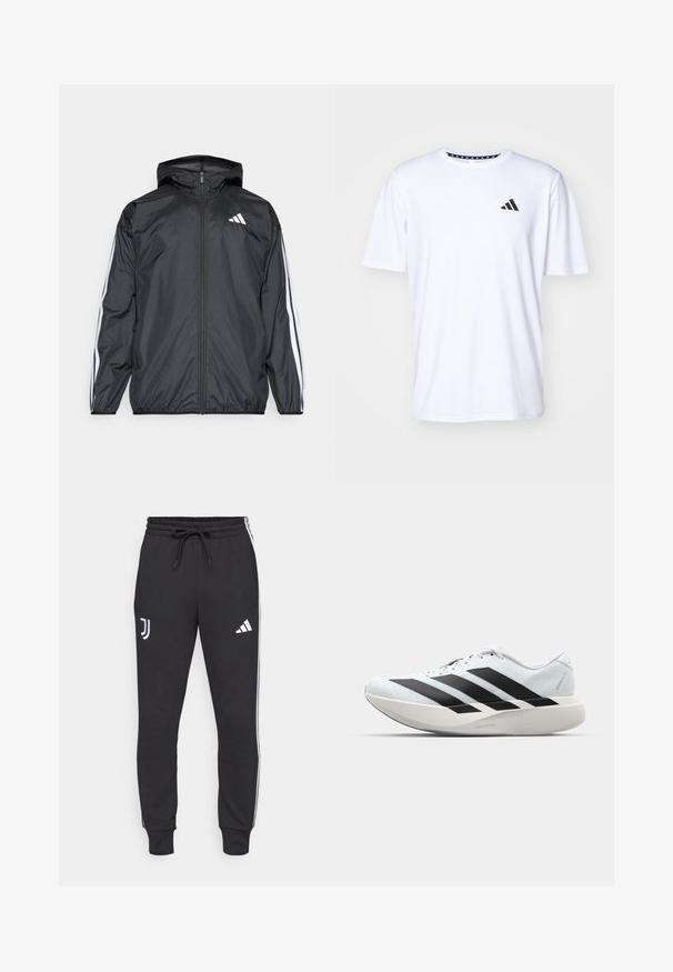 Czarna kurtka typu windbreaker z kapturem, wykonana z gładkiego, lekkiego materiału. Posiada białe paski wzdłuż rękawów oraz logo na piersi.; Biała koszulka z krótkim rękawem, wykonana z tkaniny o gładkiej fakturze. Posiada czarne logo adidas na lewej piersi oraz wzorzysty kołnierzyk.; Czarne dresy z elastycznym paskiem w talii, z białymi bocznymi paskami oraz logo na lewej nogawce i górnej prawej nogawce. Miękka struktura tkaniny.; Lekkie buty do biegania w jasnoniebieskim kolorze z czarnymi pasami. Posiadają gładką cholewkę, okrągły nosek oraz grubą białą podeszwę środkową oznaczoną "LIGHTSTRIKE PRO."