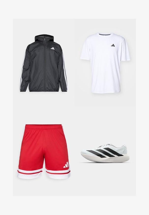 Jachetă neagră de vânt cu glugă, realizată dintr-un material neted și ușor. Prezintă dungi albe pe mâneci și un logo pe piept.; Tricou alb cu mânecă scurtă dintr-un material cu o textură netedă. Dispune de un logo negru adidas pe pieptul stâng și un guler cu un model.; Şorturi atletice roșii din material neted, cu o dantură albă la margine și trei dungi albe pe părțile laterale.; Pantofi de alergare ușori în albastru deschis cu dungi negre. Au un superior neted, vârf rotund și o intermediară groasă albă etichetată "LIGHTSTRIKE PRO."