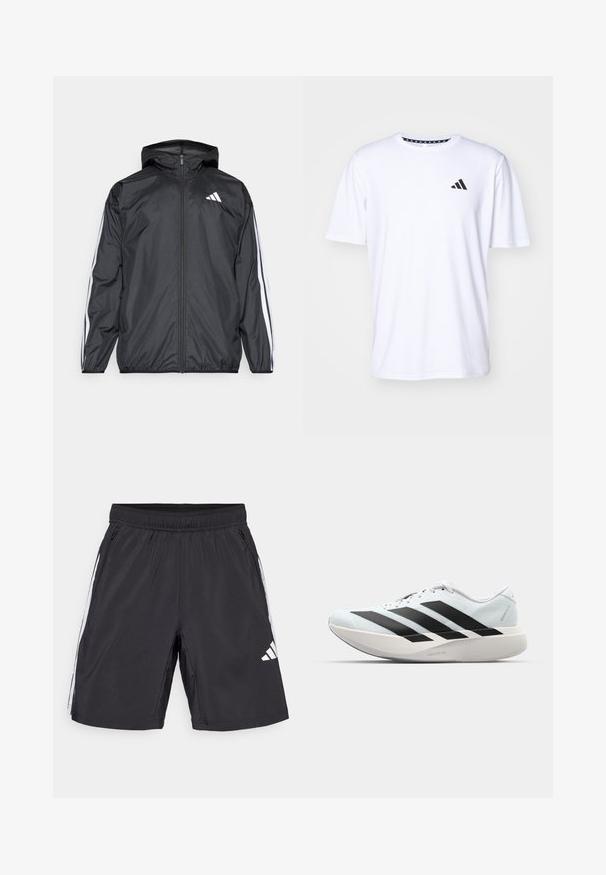 Svart vindjacka med huva, tillverkad av ett smidigt och lätt material. Har vita ränder längs ärmarna och en logotyp på bröstet.; Vit kortärmad t-shirt gjord av tyg med en slät textur. Har en svart adidas-logotyp på vänster bröst och en mönstrad krage.; Svarta atletiska shorts i lätt tyg, med vita sidosträck och elastisk midja. Inkluderar dragkedjor på fickorna.; Lätta löparskor i ljusblått med svarta ränder. Har en slät ovandel, rund tå och tjock vit mellansula märkt "LIGHTSTRIKE PRO."
