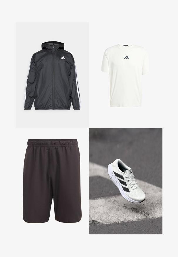 Sort vindjakke med hætte, lavet af glat, let materiale. Har hvide striber langs ærmerne og et logo på brystet.; Hvid kortærmet t-shirt lavet af letvægtsstof med rund hals og et mørkegrå logo på brystet. Glat tekstur, afslappet pasform.; Sorte atletiske shorts lavet af letvægtsstof, med en elastisk talje og en glat, åndbar tekstur. Simpelt design, ingen lommer.; Hvid atletisk sko med tekstureret netoverdel, sorte striber, snørebåndslukning og en polstret sål, som svæver over en markeret vejoverflade.