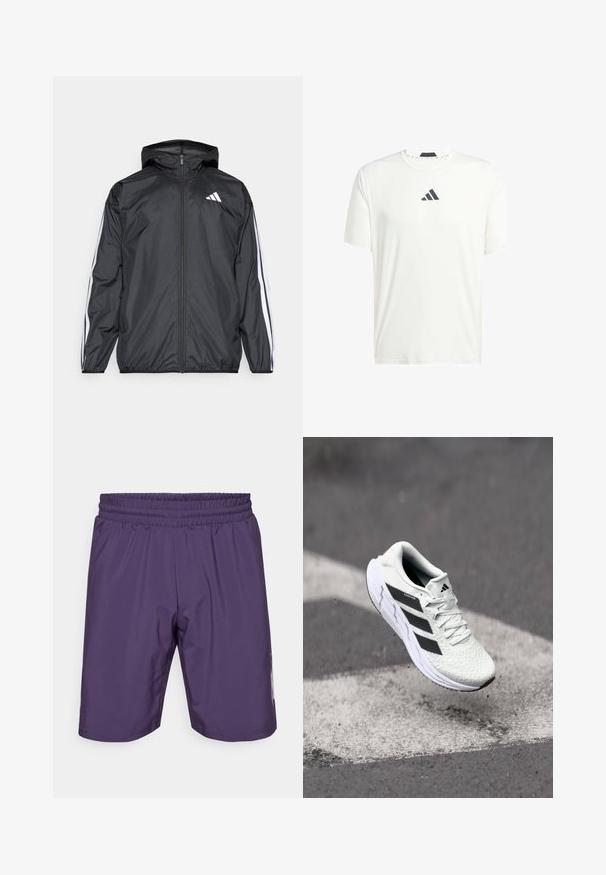 Must hele musta tuulejope, millel on kapuuts ja mis on valmistatud siledast, kergest materjalist. Omab valgeid triipasid varrukatel ja logo rinnal.; Valge lühikeste varrukate ja kergest kangast T-särk, ümmarguse kaelusega ja tumedashall logo rinnal. Sujuv tekstuur, mitteametlik lõige.; Lilla spordilühikesed püksid elastse vöökohtaga, sile tekstuur ja külgmised aktsendid. Omab keskmise reie pikkust ja lihtsat disaini.; Valge spordijalats tekstuurse võrgu pealmise osaga, mustade triipudega, nööriga kinnitamine ja pehmendatud tallaga, levib märgitud teepinna kohal.
