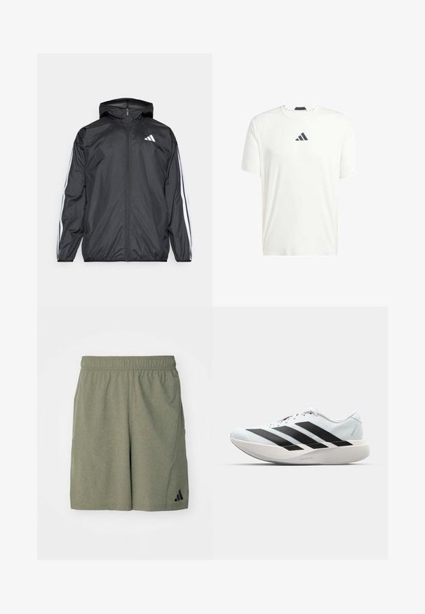 Juodas vėjaračius striukė su gobtuvu, pagaminta iš glotnaus, lengvo medžiagos. Turtingi balti dryžiai palei rankoves ir logotipas ant krūtinės.; Baltas trumpas rankovėmis marškinėliai, pagaminti iš lengvos medžiagos, su apvalia iškirpte ir tamsiai pilku logotipu ant krūtinės. Lygus paviršius, laisvalaikio stiliaus pritaikymas.; Olivinės spalvos sportinės šortai, pagaminti iš tekstūruoto audinio, su elastinga juosmens juosta ir juodu logotipu apatiniame kairiajame šone.; Lengvi bėgimo batai šviesiai mėlynos spalvos su juodomis juostelėmis. Yra lygus viršus, apvalus pirštas ir storas baltas vidpadis su užrašu "LIGHTSTRIKE PRO."