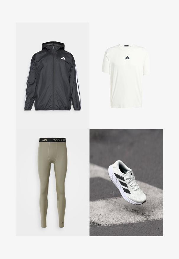 Giacca a vento nera con cappuccio, realizzata in materiale liscio e leggero. Presenta strisce bianche lungo le maniche e un logo sul petto.; T-shirt bianco a maniche corte realizzato in tessuto leggero, con colletto a girocollo e un logo grigio scuro sul petto. Tessuto liscio, vestibilità casual.; adidas Performance TF BASE - Leggings - silver pebble; Scarpa sportiva bianca con tomaia in rete testurizzata, strisce nere, chiusura con lacci e suola ammortizzata, che levita sopra una superficie stradale segnata.