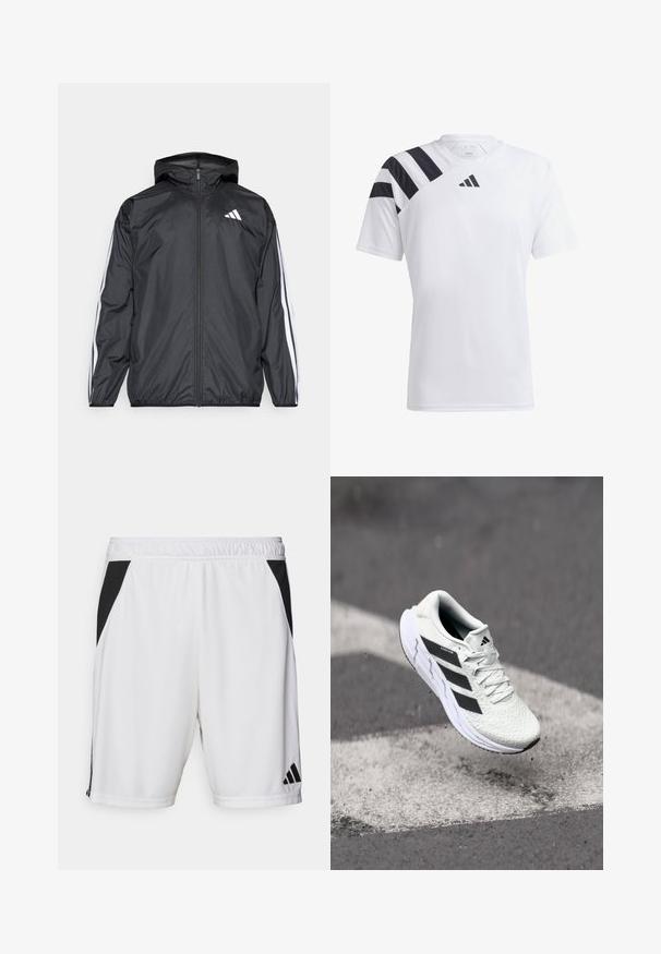 Must hele musta tuulejope, millel on kapuuts ja mis on valmistatud siledast, kergest materjalist. Omab valgeid triipasid varrukatel ja logo rinnal.; Valge kerge sportlik särk mustade triipudega vasakul õlal ja must logo rinnal. Lühikesed varrukad, ümar kaelus.; Valged sportlikud šortid musta külgpaneeliga, elastse vöökoha ja Adidas logo paremal alajala kohal. Valmistatud kergest kangast.; Valge spordijalats tekstuurse võrgu pealmise osaga, mustade triipudega, nööriga kinnitamine ja pehmendatud tallaga, levib märgitud teepinna kohal.