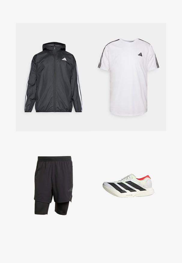 Melnā vēja izolācija jaka ar kapuci, izgatavota no gluda, viegla materiāla. Iekļautas baltas svītras gar piedurknēm un logo uz krūšu.; Baltas kokvilnas T-krekls ar apaļu izgriezumu, īsām piedurknēm un melniem trim svītrām uz pleciem; rotāts ar mazu melnu logo.; Melni sporta šorti ar iebūvētu iekšējo slāni, izgatavoti no elpojoša auduma. Iekļautas diskrētas logotipa detalizācijas un strukturēta tekstūra. Regulējama jostasvieta.; Balti sporta apavi ar melniem diagonāliem svītrām, sarkaniem akcentiem papēdī un strukturētu virsu; aprīkoti ar LIGHTSTRIKE PRO amortizāciju.