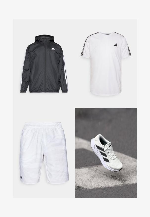 Μαύρο ανοιξιάτικο μπουφάν με κουκούλα, φτιαγμένο από λεία, ελαφριά ύφασμα. Διαθέτει λευκές ρίγες κατά μήκος των μανικιών και λογότυπο στο στήθος.; Λευκό μπλουζάκι φτιαγμένο από βαμβάκι με στρογγυλή λαιμόκοψη, κοντά μανίκια και μαύρες τρεις ρίγες στους ώμους. Διαθέτει ένα μικρό μαύρο λογότυπο.; Λευκά αθλητικά σορτς με ελαστική μέση, διαθέτοντας ένα διακριτικό μοτίβο με κύματα και κουκκίδες. Μαύρη λογοτύπηση κοντά στο στρίφωμα.; Λευκό αθλητικό παπούτσι με υφαντό επάνω μέρος, μαύρες ρίγες, κλείσιμο με κορδόνια και μαξιλαρωμένη σόλα, που αιωρείται πάνω από μία σημασμένη επιφάνεια δρόμου.