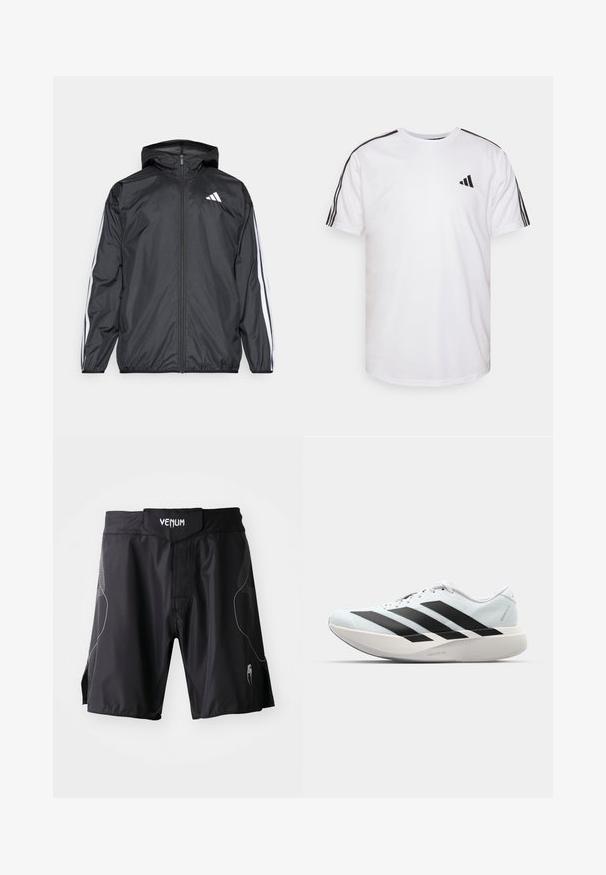 Svart vindjakke med hette, laget av glatt, lett materiale. Har hvite striper langs ermene og et logo på brystet.; Hvit t-skjorte laget av bomull med rund hals, korte ermer, og svarte tre-stripe detaljer på skuldrene; har en liten svart logo.; Svart Venum sportshorts med bred midjebånd, borrelås og subtile grå detaljer på sidene og nedre del av benet.; Lette løpesko i lys blå med svarte striper. Har en myk overdel, rund tå og tykk hvit mellomsole merket "LIGHTSTRIKE PRO."