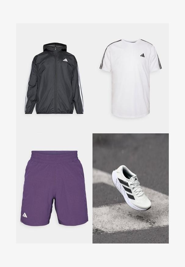 Crna jakna s kapuljačom, izrađena od glatkog, laganog materijala. Sadrži bijele pruge duž rukava i logo na prsima.; Bijela majica izrađena od pamuka, s okruglim izrezom, kratkim rukavima i crnim trostrukim detaljima na ramenima; sadrži mali crni logo.; Ljubičaste atletske kratke hlače od prozračne tkanine, s elastičnom trakom u struku i bijelim logotipom s lijeve strane.; Bjela atletska cipela s mrežastim gornjim dijelom s teksturom, crnim prugama, vezanjem na vezice i podstavljenim potplatom, lebdi iznad označene ceste.
