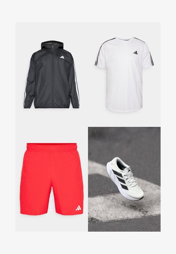 Veste coupe-vent noire avec capuche, en matériau lisse et léger. Présente des rayures blanches le long des manches et un logo sur la poitrine.; T-shirt blanc en coton avec un col rond, des manches courtes et des accents noirs à trois rayures sur les épaules ; présente un petit logo noir.; Shorts de sport rouges avec une taille élastique, tissu texturé et un logo Adidas blanc près de l'ourlet.; Baskets de sport blanches avec un dessus en mesh texturé, des rayures noires, un laçage et une semelle rembourrée, lévitant au-dessus d'une surface de route marquée.