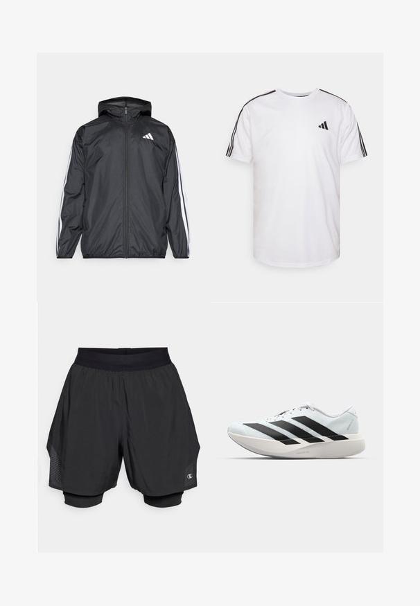 Casaco corta-vento preto com capuz, feito de material liso e leve. Apresenta riscas brancas ao longo das mangas e um logótipo no peito.; T-shirt branca em algodão com decote redondo, mangas curtas e detalhes em preto de três riscas nos ombros; apresenta um pequeno logo em preto.; Calções atléticos pretos com um cós elástico, apresentando uma camada exterior texturizada, calções interiores integrados e detalhes em malha nas laterais.; Tênis de corrida leves em azul pálido com riscas pretas. Apresentam um cabedal liso, bico redondo e uma entressola espessa branca rotulada como "LIGHTSTRIKE PRO."