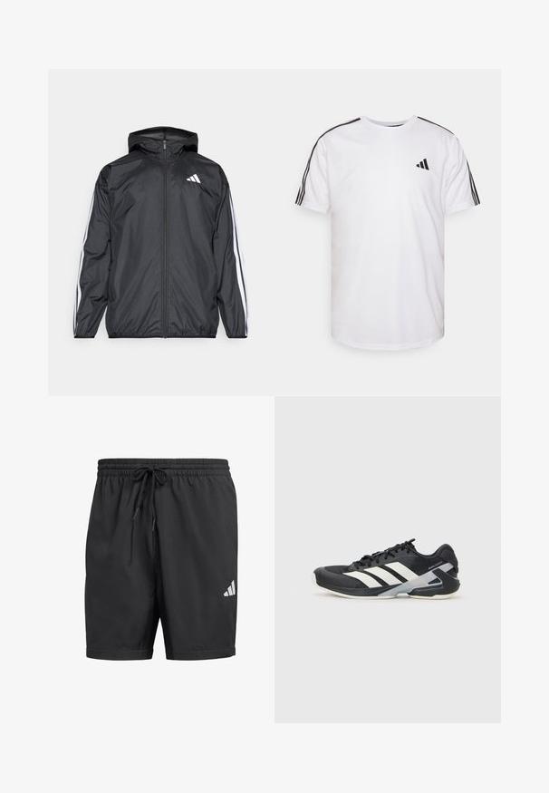Črna vetrovka s kapuco, izdelana iz gladkega, lahkega materiala. Ima bele črte ob rokavih in logo na prsih.; Bela majica iz bombaža s krojem okrog vratu, kratkimi rokavi in črnimi trojnimi črtami na ramionih; vsebuje majhen črn logo.; Črne športne kratke hlače iz lahke tkanine, z elastičnim pasom in vrvico ter belim logotipom Adidas na spodnjem desnem delu.; Črne atletske čevlje z belimi črtami, mrežastim zgornjim delom, zaobljenim nosom in blaženim podplatom. Imajo teksturiran petni del in varen sistem vezalk.